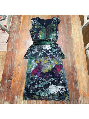 Elana Kattan Abstract Print Mesh Peplum Midi Dress XS Made in USA Fairy Grunge